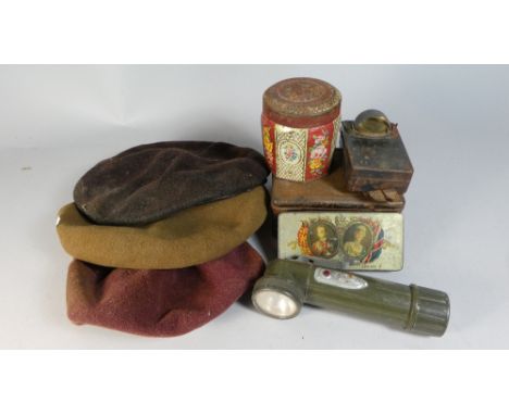 A Collection of Vintage Tins, Military Berets, Torches Etc