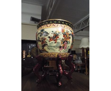 An Oriental Reproduction Ceramic Fish Bowl on Wooden Stand 