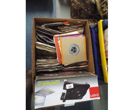 A Box of 45rpm and 33rpm Records and a Contor Compact Vinyl to MP3 Turn Table 