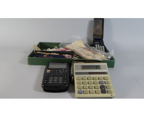 A Tray Containing Vintage Texas Calculators, Fountain Pens, Gloves, Sinclair Cambridge Calculator etc