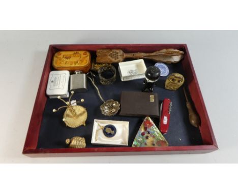 A Tray of Curios to Include Pen Knife, Ring Stand, Strainer Spoon, Miniature Hip flask, Enamel Dish etc 