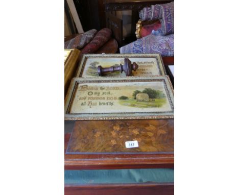 A Pair of Religious Prints and an Inlaid Walnut Panel and a Rosewood Curtain Tie Back