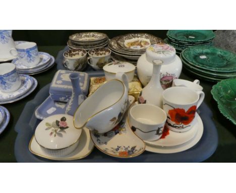 A Tray of Ceramics to Include Wedgwood Blue and White Jasperware, Wedgwood Hathaway Rose, Trinket Boxes, Royal Worcester Eves