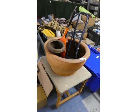 A Saddle Stand, Garden Planter, Le Creuset Frying Pan, Stool etc