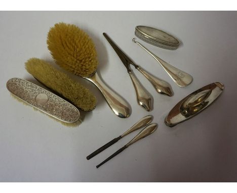 A Mixed Lot of Silver Manicure and Dressing Table Items, To include a silver backed three piece brush set, hallmarks for Birm