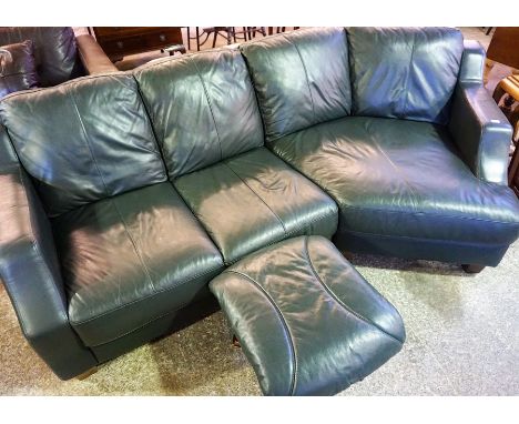 A Green Leather Corner Sofa, 73cm high, 230cm wide, with a matching footstool, (2)