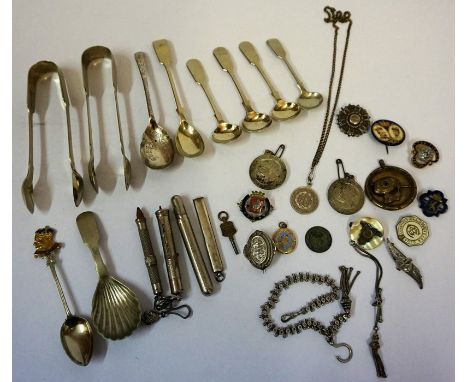A Mixed Lot of Silver and White Metal Badges and Collectables, To include three silver brooches, a Queen Victoria coin, mount