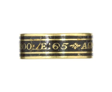 AN ANTIQUE GEORGIAN ENAMEL MOURNING RING, 1799 in high carat yellow gold the band decorated with black enamel highlighted in 