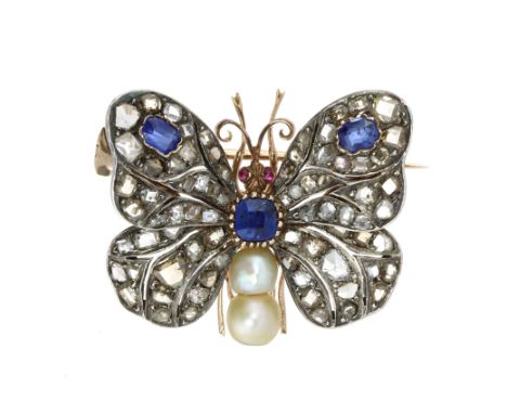 AN ANTIQUE SAPPHIRE, PEARL, RUBY AND DIAMOND BUTTERFLY BROOCH in high carat gold and silver, in the form of a butterfly, its 
