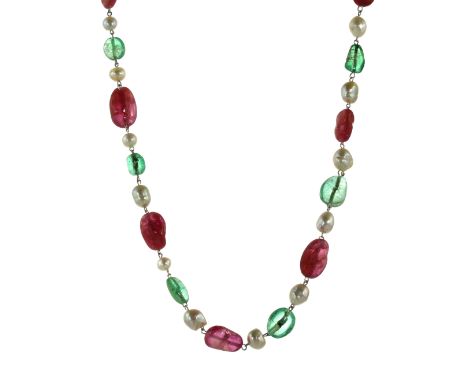 A BURMA RUBY, COLOMBIAN EMERALD AND NATURAL SALTWATER PEARL NECKLACE in white gold or platinum comprising a single row of tum