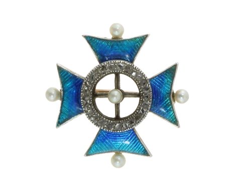 A PEARL, DIAMOND AND ENAMEL MALTESE CROSS BROOCH, CHILD AND CHILD 19TH CENTURY in silver, designed as a Maltese cross, set at