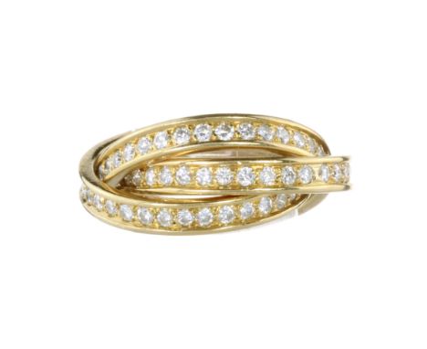 A TRINITY DE CARTIER DIAMOND RING, CARTIER in 18ct yellow gold designed as three interlocking eternity bands set with round c