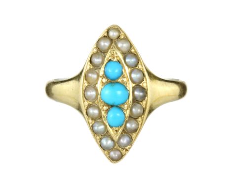 AN ANTIQUE TURQUOISE AND PEARL DRESS RING in high carat yellow gold set with a trio of turquoise cabochons surrounded by a bo