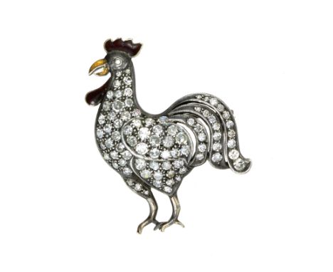 AN ANTIQUE DIAMOND AND ENAMEL COCKEREL BROOCH, 19TH CENTURY in yellow gold and silver, designed as a rooster, its body jewell