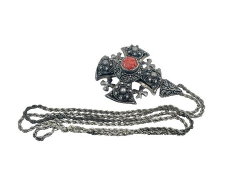 Description:Jerusalem 935 hallmarked sterling silver Jordan Maltese cross necklace with natural coral in the middle carved in