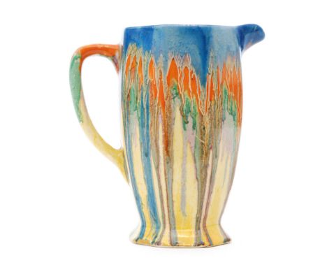 Clarice Cliff - Delecia - An Athens shape jug circa 1930 decorated with multicoloured running glazes, DELECIA and Bizarre mar