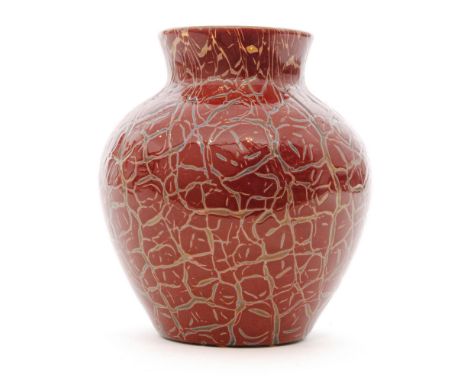 In the manner of Monart - A post war glass vase of shouldered form with a short collar neck, decorated in a Cloisonne style w