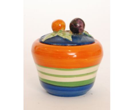 Clarice Cliff - Liberty Stripe - A shape 230 preserve pot and cover with fruiting bough finial decorated with coloured bandin