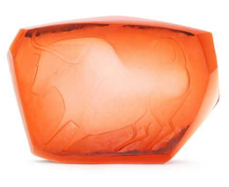 Professor Jan Cerny - A post war cast glass sculpture of slab form depicting a stylised bull in deep red, engraved signature,
