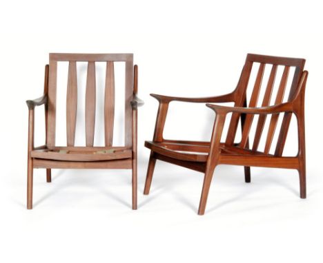 Unknown, British - A three-piece lounge suite with slatted teak frame, comprising sofa, width 148cm and two armchairs, width 