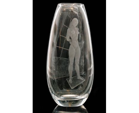 Vicke Lindstrand - Kosta - A post war glass vase of compressed ovoid form engraved with a standing female nude, engraved wind