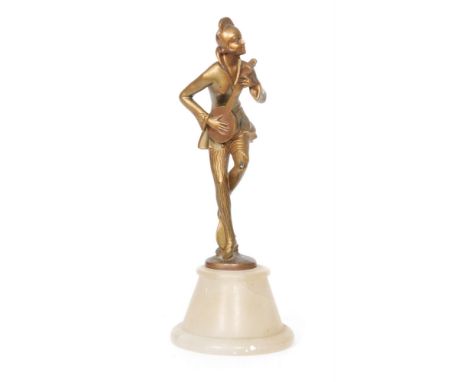 Unknown - An Art Deco bronzed figure of a female musician playing a lute on a circular onyx pedestal base 