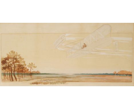 Ernest Montaut (ex. 1878-1909) - 'Bleriot traversant La Manche', hand coloured pochoir print, 32cm x 76cm also the companion 
