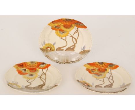 Clarice Cliff - Rhodanthe - A circular plate circa 1934 with rope twist edge, hand painted with a stylised tree landscape, br