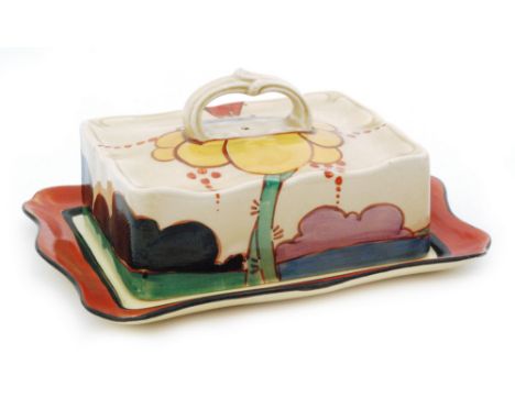 Clarice Cliff - Summerhouse - An A. J. Wilkinson shape butter dish and cover circa 1930 hand painted to the cover with a styl