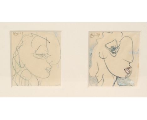 Bernard Meadows (1915 - 2005) - Two heads facing right, pencil and crayon drawings, both signed with initials, two framed as 