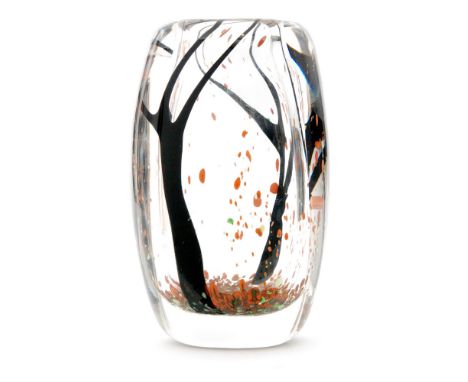 Vicke Lindstrand - Kosta - A post war glass Autumn vase circa 1954, of compressed ovoid form with a deep cased wall decorated