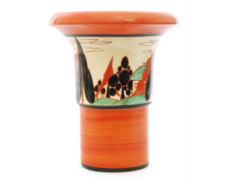 Clarice Cliff - Red Trees & House - A shape 374 Archaic vase circa 1930 hand painted with a deep band of stylised trees and c
