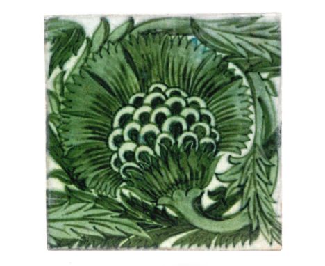 William de Morgan - Merton Abbey - An 8in plastic clay tile decorated in the green BBB pattern, impressed mark