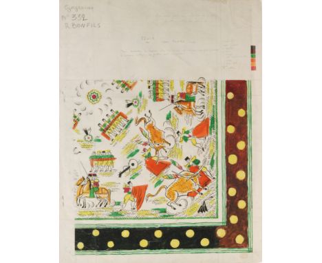 Robert Bonfils - Bianchini Ferier - A 1920s Art Deco watercolour and pencil preparatory silk scarf design titled Goyescas, nu