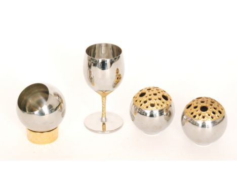Stuart Devlin - Viners - A pair of stainless steel posy vases of spherical form with pierced gilt lids, a Swivel Bowl with a 