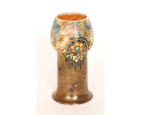 John Butler - Storm - An A.J. Wilkinson shape 268 vase with hand painted stylised floral decoration against a yellow, blue an