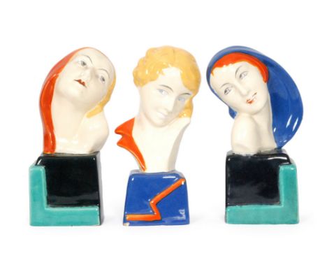 Elly Strobach - Three 1930s Czechoslovakian Art Deco female busts of varying form each raised to stylised pedestals, faint im