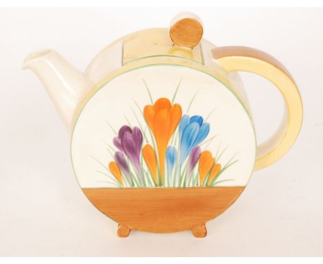 Clarice Cliff - Crocus - A large Bon Jour shape teapot circa 1936 hand painted with crocus sprays with yellow, green and brow