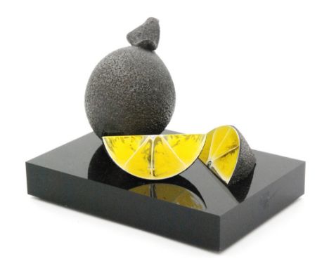 Elliot Walker - London Glassblowing - A contemporary glass sculpture titled This Lime?, with a lemon below a branch and a lea