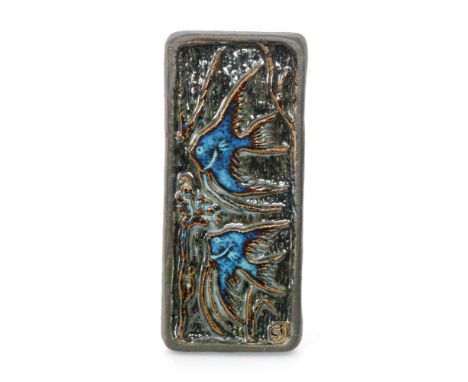 Josef Simon - Soholm - A small post war Scandinavian plaque decorated with two angel fish glazed in blue amidst sea grasses, 
