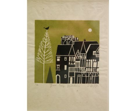 Giuliana Lazzerini - A three colour woodblock print titled Green Song, Yorkshire with a bird to a tree before stylised houses