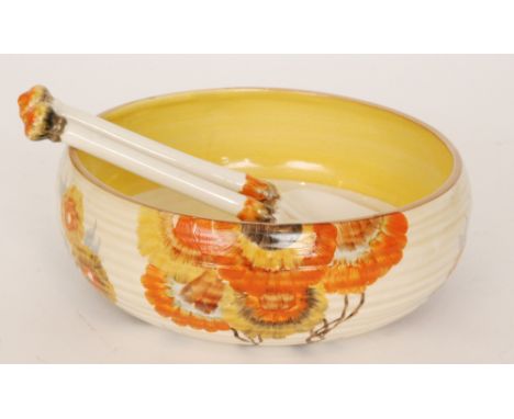 Clarice Cliff - Rhodanthe - A shape 632 bowl of ribbed form hand painted with a stylised tree landscape with yellow banding, 