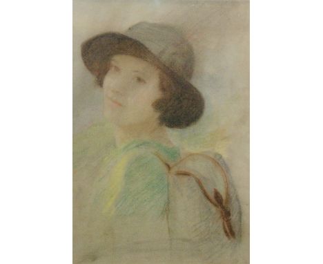 Noel Denholm Davis (1876 - 1950) - Portrait of a girl wearing a sun hat, pastel drawing on grey paper, framed, 41cm x 28cm