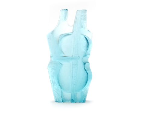 Professor Jan Cerny - A post war cast glass sculpture of a stylised cello player in pale blue, engraved signature, height 18.