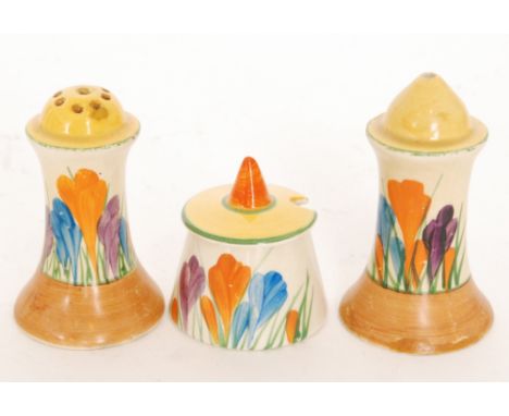 Clarice Cliff - Crocus - A matched three piece cruet set circa 1934/36 comprising muffiner salt and pepper and a conical must