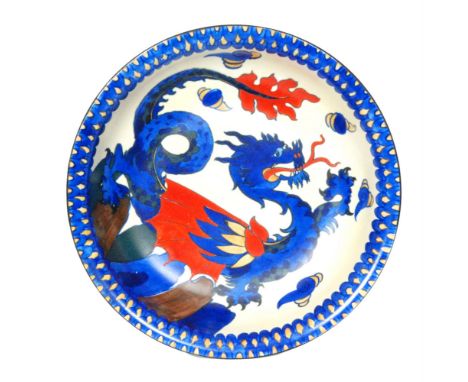 Attributed to Frederick Rhead - Wardle - An early 20th Century bowl decorated with a blue and red dragon amidst flaming pearl