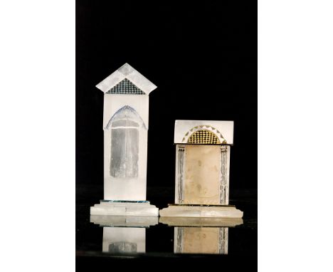 Gayle Matthias - A cast glass architectural prism block, the terraced foot rising to the sleeve body with a cut out section b