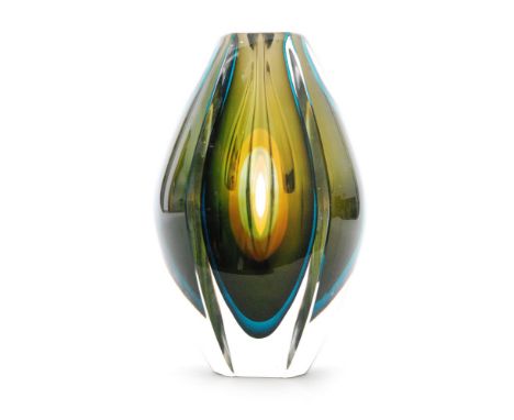 Mona Morales Schildt - Kosta - A post war Ventana glass vase of swollen sleeve form with two concave polished columns interna