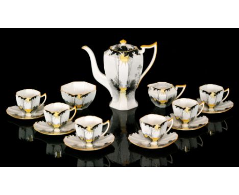 Eric Slater - Shelley - A 1930s Art Deco Queen Anne shape Sunrise and Tall Trees coffee set comprising coffee pot, twelve cup