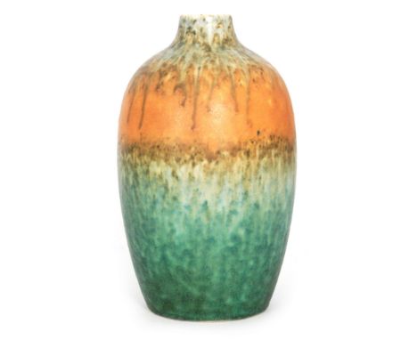 Ruskin Pottery - A crystalline glaze vase decorated with a streaked green to orange to blue green, impressed mark, incised W.